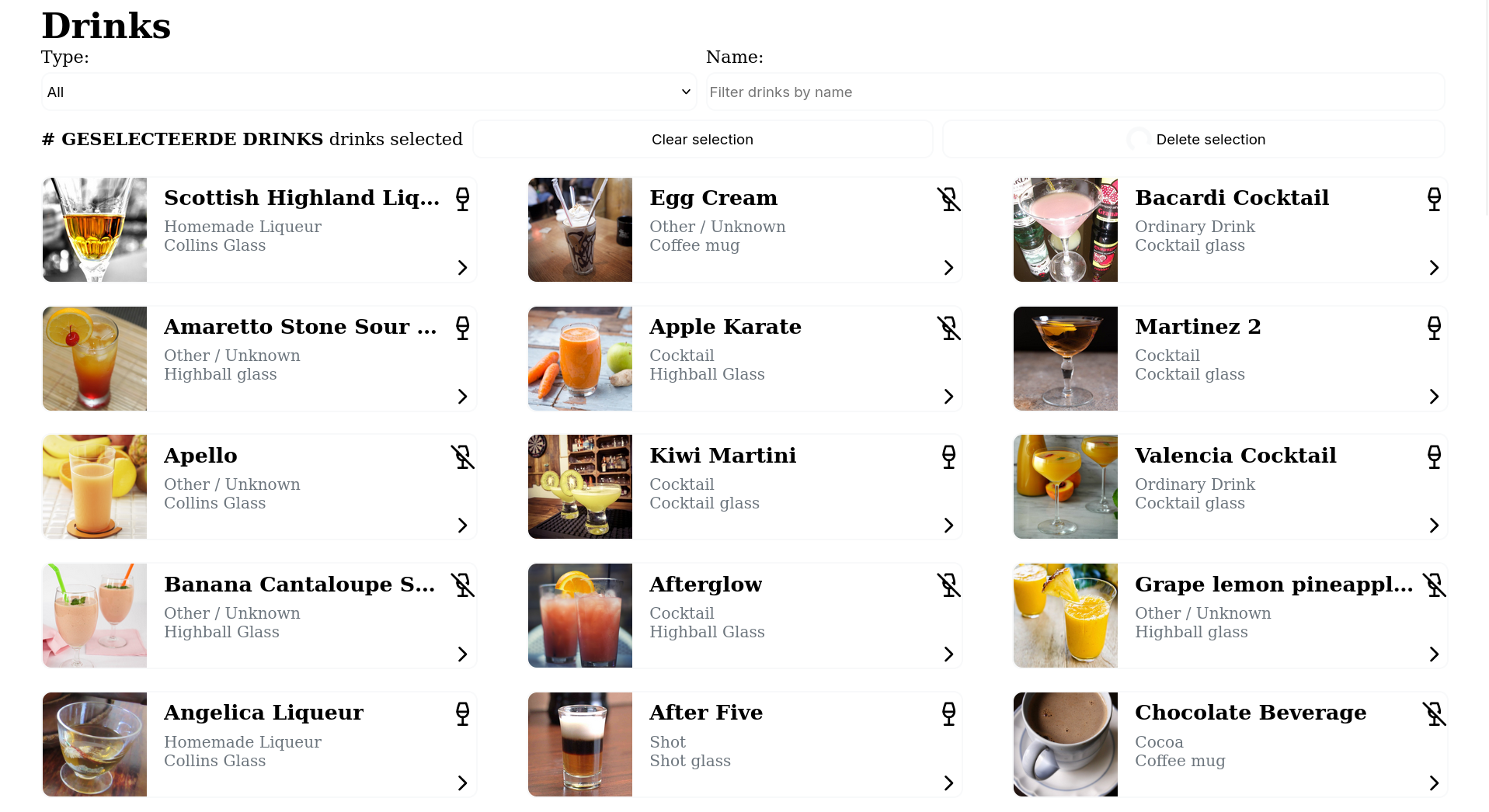 Overzicht van de dranken