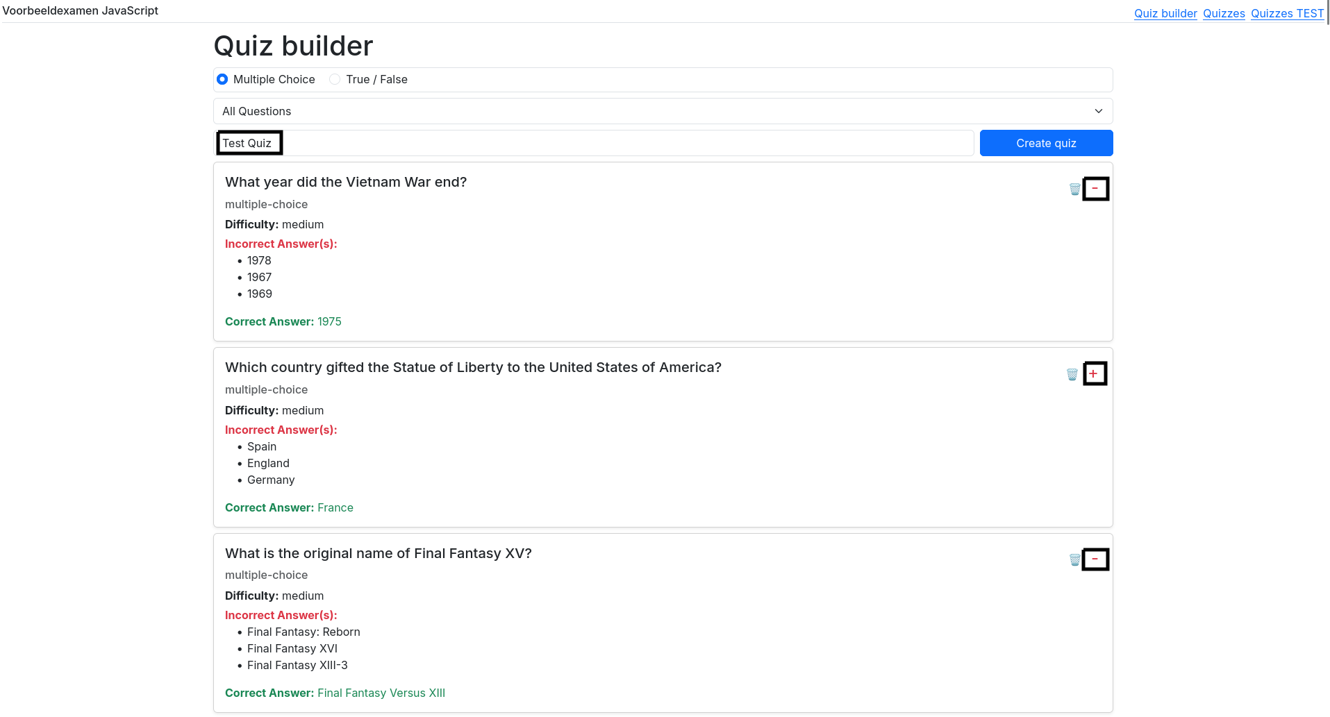 Nieuwe quiz met twee geselecteerde vragen