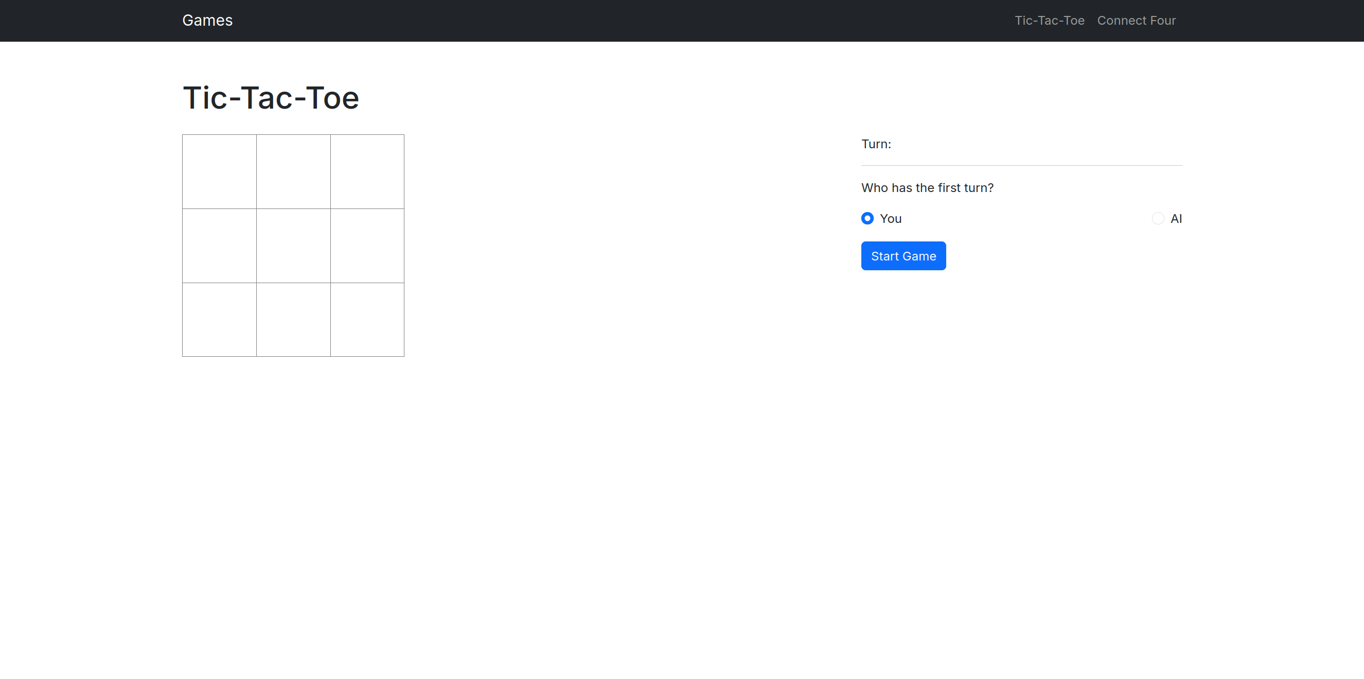 Tic-Tac-Toe pagina met navigatiebalk