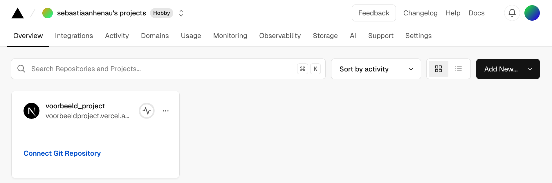 Project selecteren op Vercel