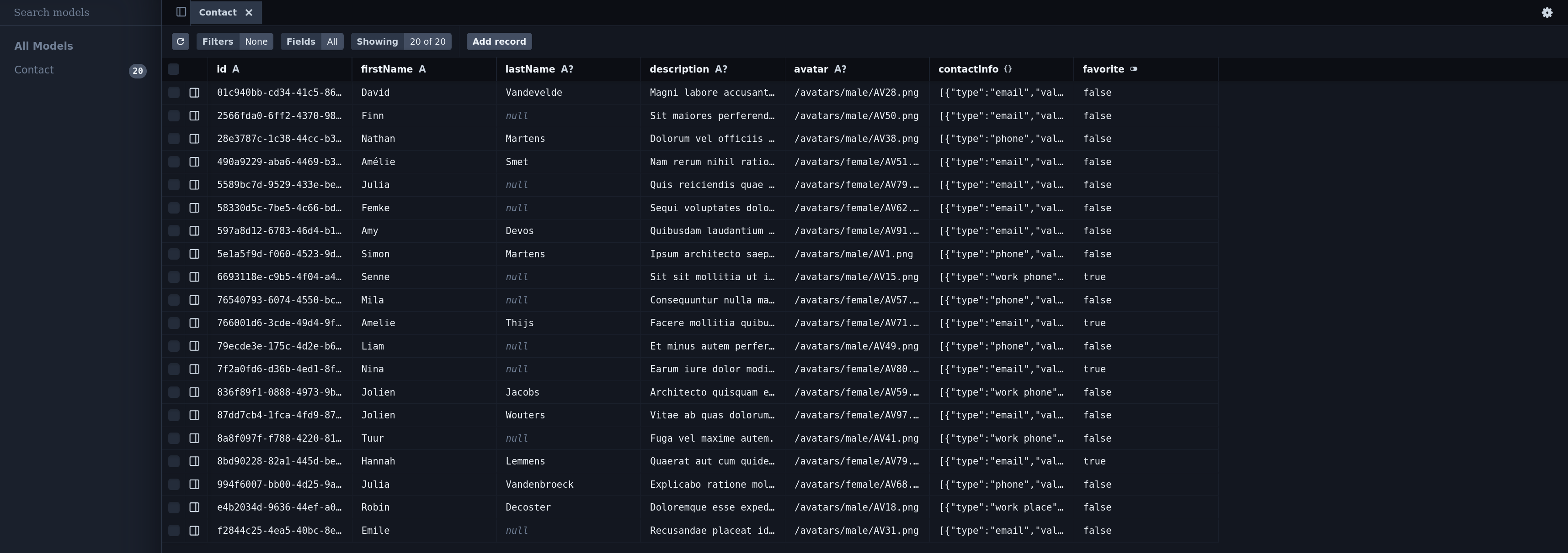 Inhoud van de contact tabel in Prisma Studio
