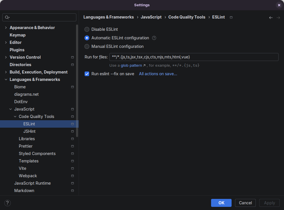 ESLint instellingen in WebStorm