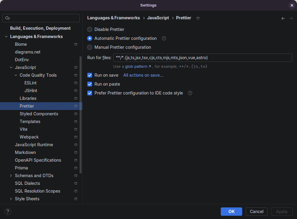 Prettier instellingen in WebStorm