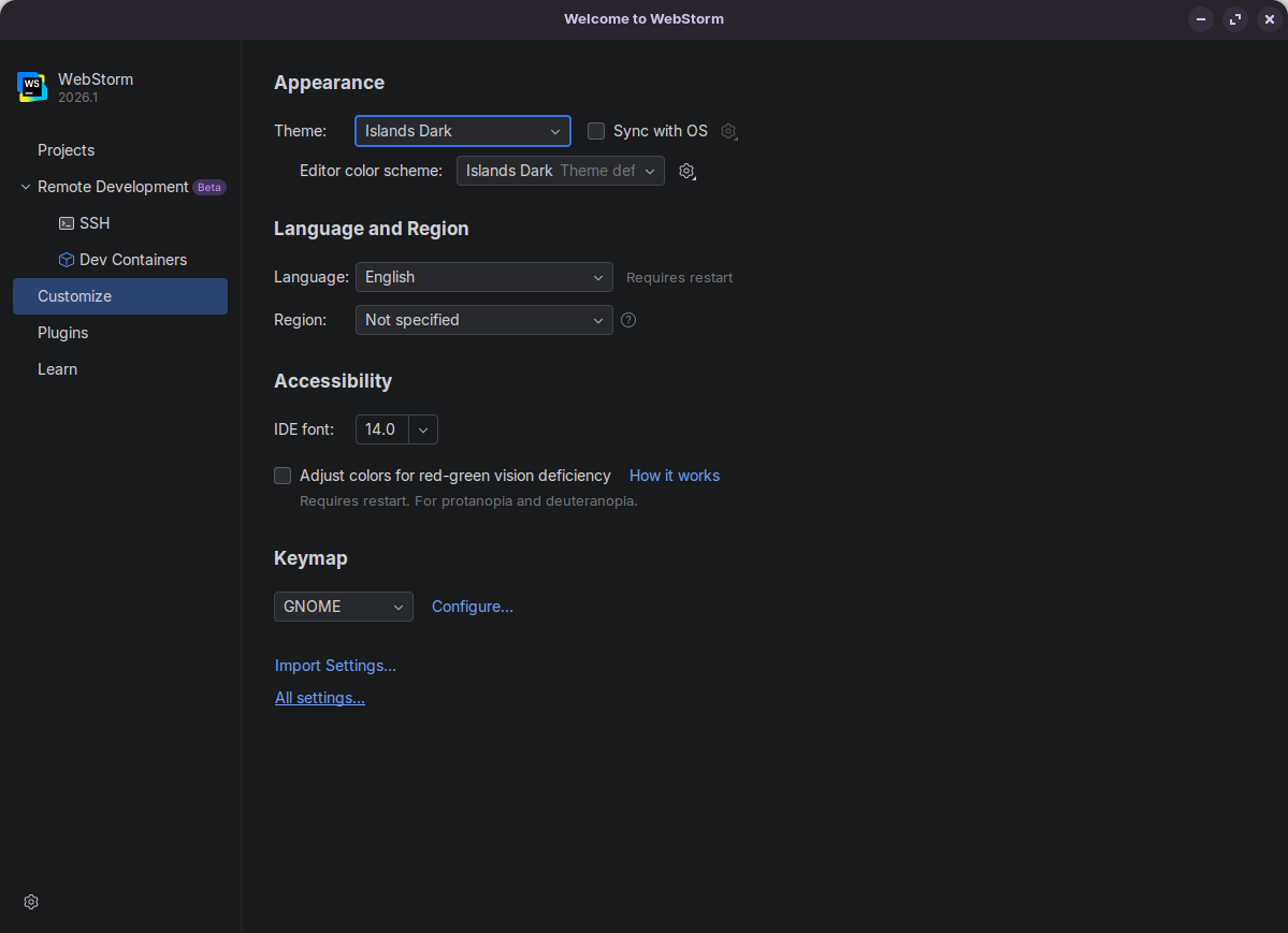 Globale instellingen openen in WebStorm